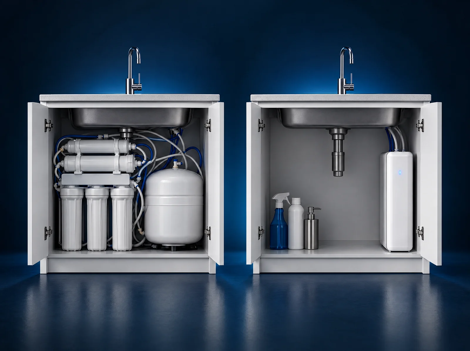 Two open kitchen sink cabinets. On the left, a traditional five stage RO with a storage tank fills the cabinet. On the right, a slim tankless RO leaves most of the cabinet open.